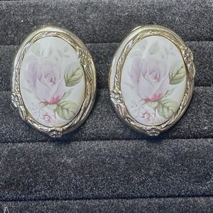 Vintage 1928 Rose Porcelain‎ Clip-On Earrings Gold Tone Oval Floral Victoria